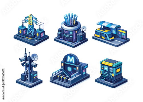 Cyber infrastructure. Isometric flat vector icons set of cyber infrastructure: neon power grid hub, fiber optics data station, electric tram