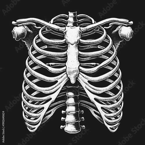 Anatomical Illustration of a Human Rib Cage on Black Background.