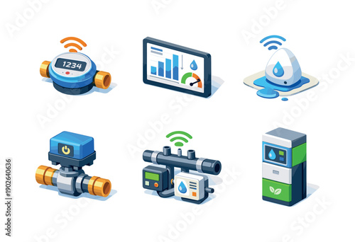 Water conservation technology. Isometric flat vector icons set of water conservation technology: smart water meter, digital water usage