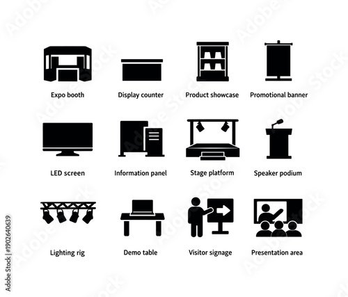 Trade Show Icon Set. Trade Show Display. Solid icon set of Trade Show Display: expo booth, display counter, product showcase, promotional banner, LED screen,