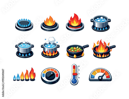 Cooking Heat Levels. Colorful isometric vector icons set of Cooking Heat Levels: low heat burner, medium heat burner, high heat burner,