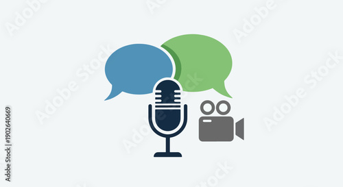 Microphone and camera with speech bubbles media concept.