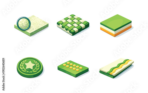 Banknote Texture Icons. Banknote texture detail. Isometric flat vector icons set of banknote texture detail: paper grain macro texture, cotton fiber weave,