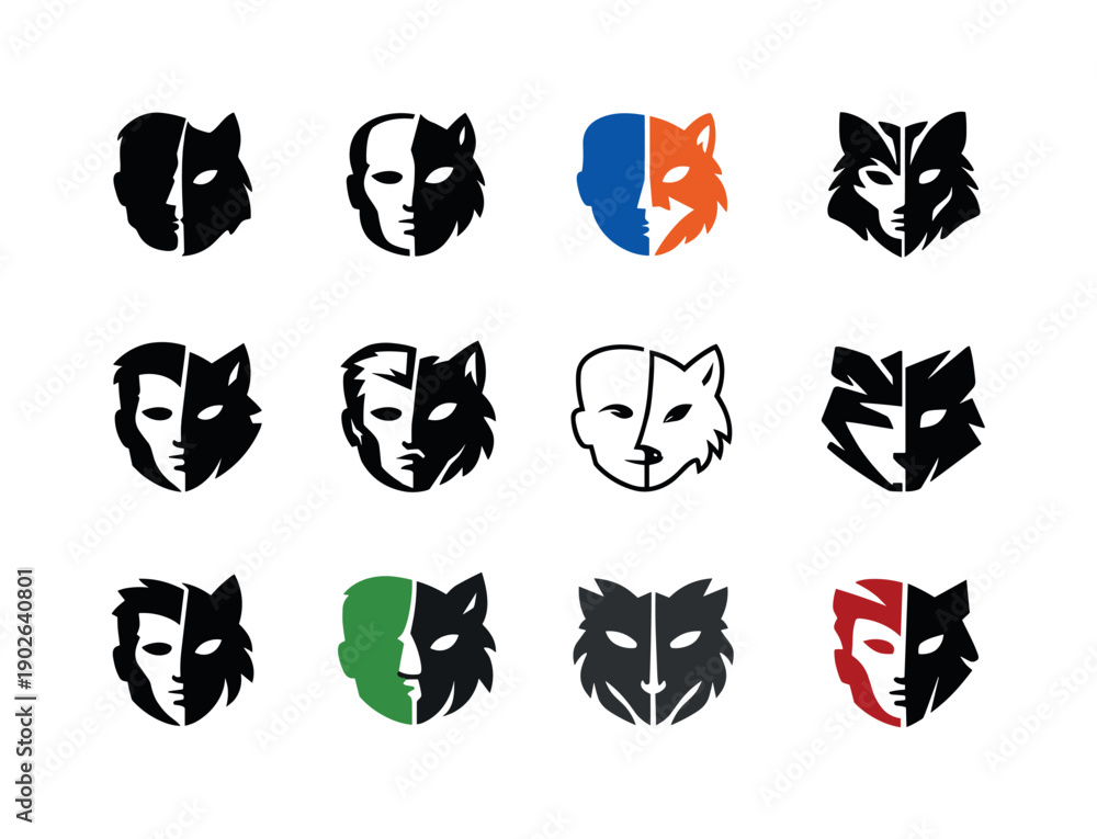 Fototapeta premium Beastly Transformation Icons. Beastly transformations. Icon set. Set Logo of Beastly transformations: split face human and animal. harmonious logo variations