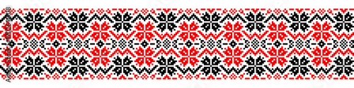 Tape ornament. Traditional geometrical ornament isolated on white. Ukrainian Vyshyvanka. Cross stitch. Embroidery in black and red colors . Seamless pattern in vector. Element for design