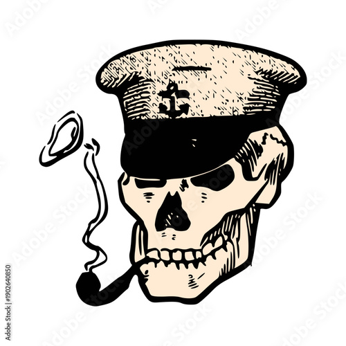 Vintage sailor skull illustration with pipe and captain's hat