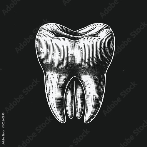 Detailed Engraving of a Human Molar Tooth on Black Background.