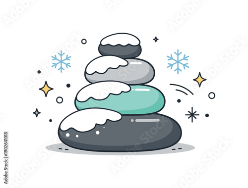 Zen Winter Balance. Zen stones with snowflakes. A stack of smooth stones partially dusted with snow, tiny stars and snowflakes around, symbolizing balance and