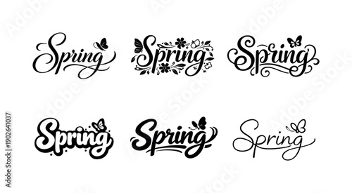 Spring typography with butterflies. Set lettering. harmonious lettering variations of the same emblematic concept, each with different