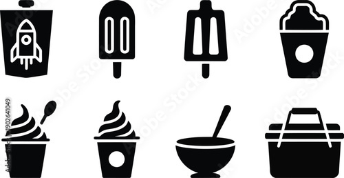 Eight black icons displaying different frozen dessert varieties, a juice box, and a basket for outdoor events