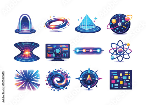 Sci-Fi Icon Set. Sci-fi concepts. Colorful flat vector icons set of sci-fi concepts: glowing portal, energy ring, hologram grid, cosmic clock, spacetime