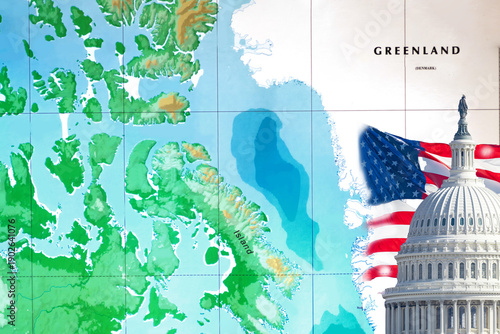 Concept of Greenland annexation showing US Capitol, American flag, and Arctic geopolitical strategy