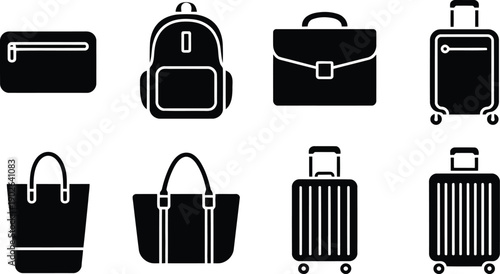 Eight black outline icons showing various luggage and travel bags including backpacks and briefcases