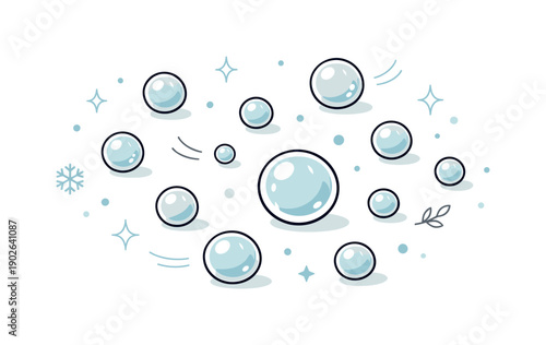 Winter ice droplets. Frozen water beads lightly floating around, suggesting frost, silence and low temperature. Abstract seasonal