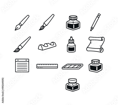 Calligraphy Tools. Line icon set of Calligraphy Tools: dip pen, brush pen, ink pot, nib holder, calligraphy brush, pen rest, ink refill,