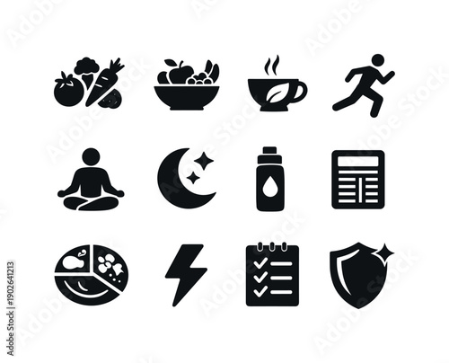 Detox. Solid icon set of healthy lifestyle: fresh vegetables, fruit bowl, herbal tea cup, running figure, meditation pose, sleep moon,