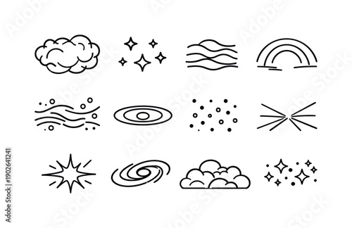 Nebula Icon Grid. Deep space nebula. Line icon set of Deep space nebula: vast nebula cloud, distant stars, cosmic fog layers, light diffusion arcs,