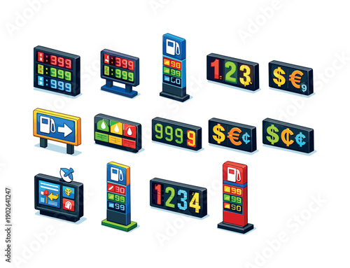 Fuel price display at station. Colorful isometric vector icons set of Fuel price display at station: digital fuel price board, LED gas price
