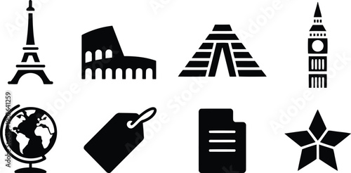 Eight black silhouette icons representing famous world landmarks, travel, a global view, and other universal symbols