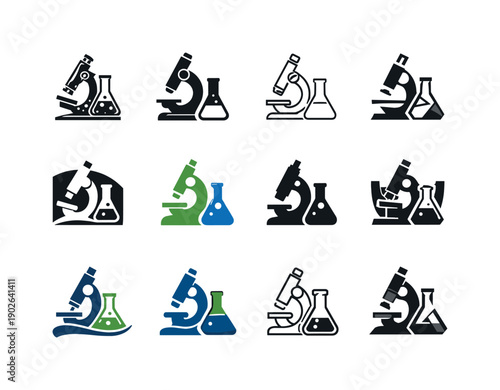chemistry teacher. Icon set. Set Logo of chemistry teacher: microscope and flask. harmonious logo variations of the same emblematic concept,