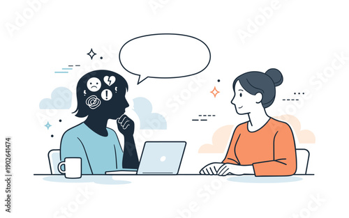 Mental health disclosure fear. A calm editorial scene showing an employee hesitating before speaking, with a closed dialog bubble and subtle