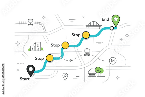Urban transportation maps. A navigation-focused map with highlighted route and stops, suggesting trip planning and wayfinding. Soft emphasis