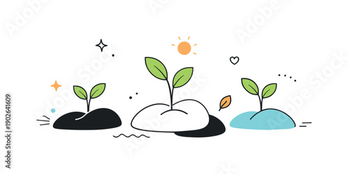 Seedlings and Soil. Seedlings in soil. Abstract soil shapes with emerging seedlings combined with small decorative elements, creating a modern nature-inspired