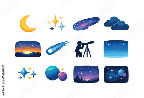 Night sky. Colorful flat vector icons set of night sky: crescent moon, twinkling stars, milky way band, dark clouds, horizon glow, comet