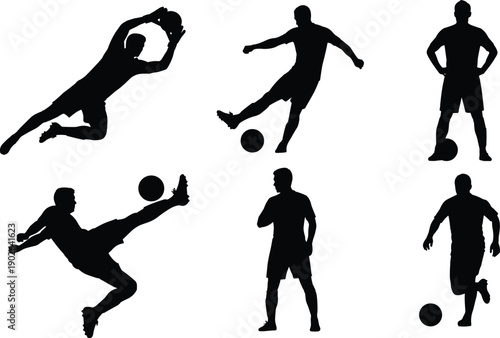 Soccer goalkeeper and player silhouette collection showing football saves kicks dribbling poses isolated on white background sport illustration stock