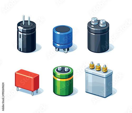 Power capacitors. Isometric flat vector icons set of power capacitors: large electrolytic capacitor, snap-in capacitor, screw terminal
