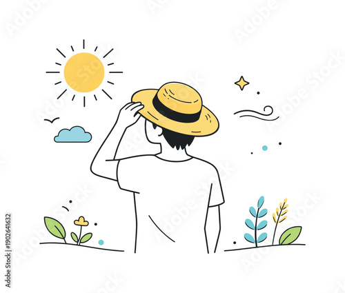 Straw hat summer. A person wearing a straw hat standing under bright summer sun, enjoying a calm outdoor moment. The scene feels light,