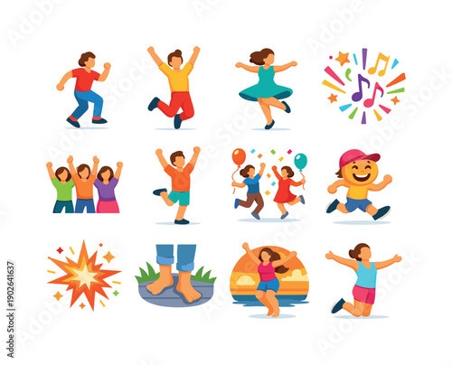 Vibrant Joyful Icons. Spontaneous joy. Colorful flat vector icons set of spontaneous joy: dancing person, jump with arms up, spinning move, music burst, happy
