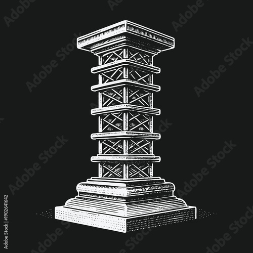 Monochrome Illustration of a Tesla Tower on Black Background.