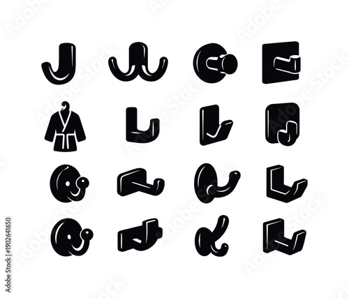 Bathrobe hook. Solid icon set of Bathrobe hook: single wall hook, double bathrobe hook, round robe hook, square robe hook, hook