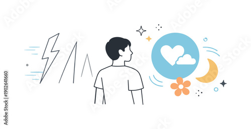 Conflict avoidance psychology. A simplified scene of a person turning toward calm abstract symbols while sharp shapes fade away behind.