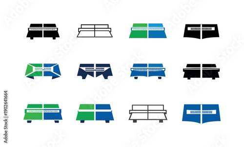 Table Tennis Iconography. Table tennis. Icon set. Set Logo of Table tennis: table with net. harmonious logo variations of the same emblematic concept, each