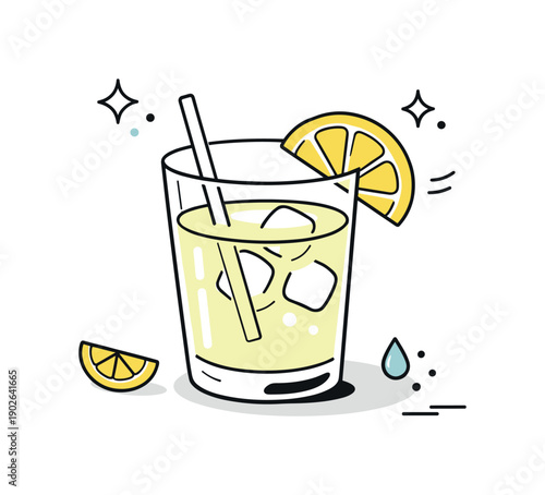 Lemonade props. A close-up minimal view of a lemonade glass with lemon garnish and soft shadow beneath. The mood is calm, crisp, and suitable