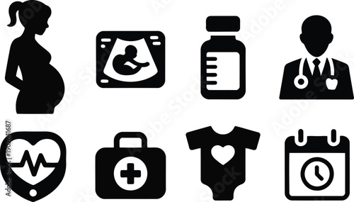 Eight black silhouette icons illustrating pregnancy, medical care, and newborn baby related items