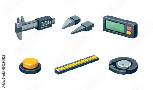 Precision measuring tools. Isometric flat vector icons set of precision measuring tools: digital caliper frame, measuring jaws tip, LCD