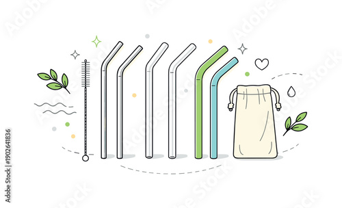 Reusable straws. Neatly arranged reusable straws made of metal, glass, and silicone placed on a clean surface. Calm eco-friendly mood and