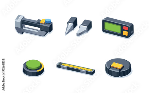 Precision measuring tools. Isometric flat vector icons set of precision measuring tools: digital caliper frame, measuring jaws tip, LCD