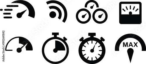 Eight black vector icons illustrating various speed, measurement, and performance concepts on a clean white background