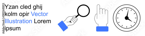 Search, direction, time management, analytics, organization, productivity. Hand holding a magnifying glass, pointing finger clock. Search and direction concepts through visual icons