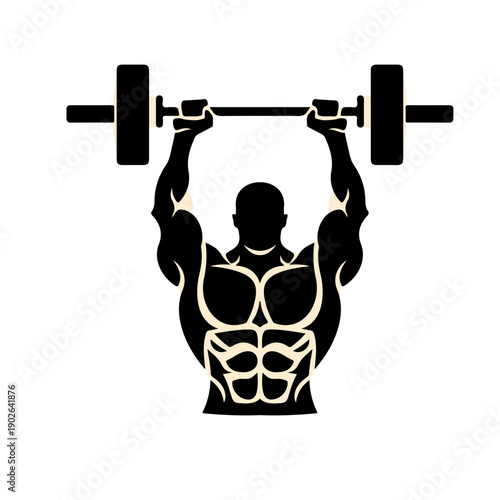 Muscular man lifting weights with powerful arms and defined abs in a dynamic pose