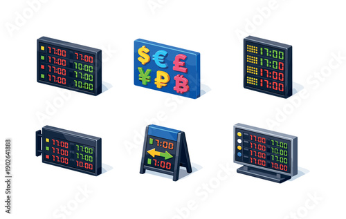 Currency exchange board. Isometric flat vector icons set of currency exchange board: digital rate board display, currency symbols panel, LED