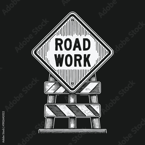 Monochrome Road Work Sign on Barricade for Construction Safety.