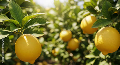 Close-up of a lemon tree branch with ripe, yellow lemons and green leaves, representing freshness, naturalness and citrus cultivation