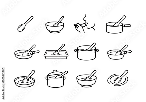 Cooking with wooden spoons. Line icon set of cooking with wooden spoons: stirring spoon, mixing bowl with spoon, tasting spoon, saucepan with