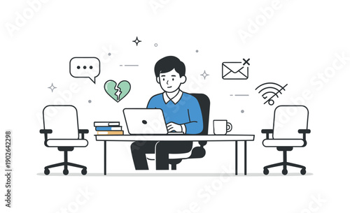 Alone in the workplace. Character working alone with empty chairs and muted icons around. Subtle expression of emotional distance and