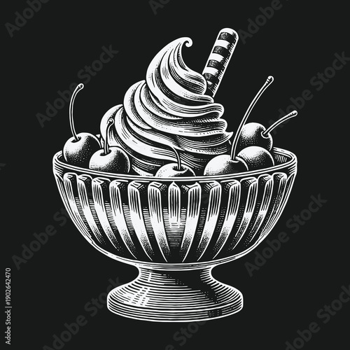 Engraved Ice Cream Sundae with Cherries and Wafer Roll.